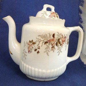 Antique moss rose white ironstone teapot